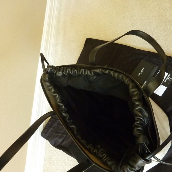 SAINT LAURENT 'Teddy' Medium Canvas/Leather Drawstring Shopping Tote Bag (NEW) - Picture 5 of 15